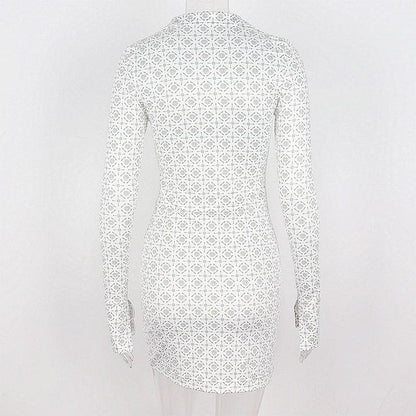 BerryBetty - Turnover collar print button long sleeve mini dress