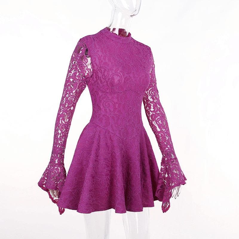 BerryBetty - Lace hem long sleeve zip-up lace up backless solid ruffle mini dress