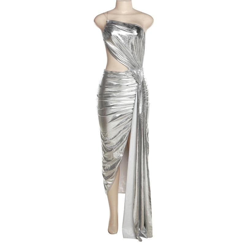 BerryBetty - Metallic one shoulder irregular backless maxi dress