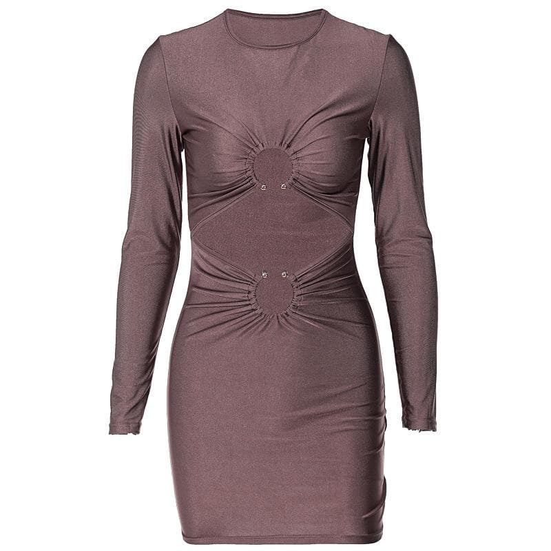 BerryBetty - Long sleeve solid ruched o ring hollow out mini dress