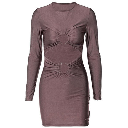 BerryBetty - Long sleeve solid ruched o ring hollow out mini dress