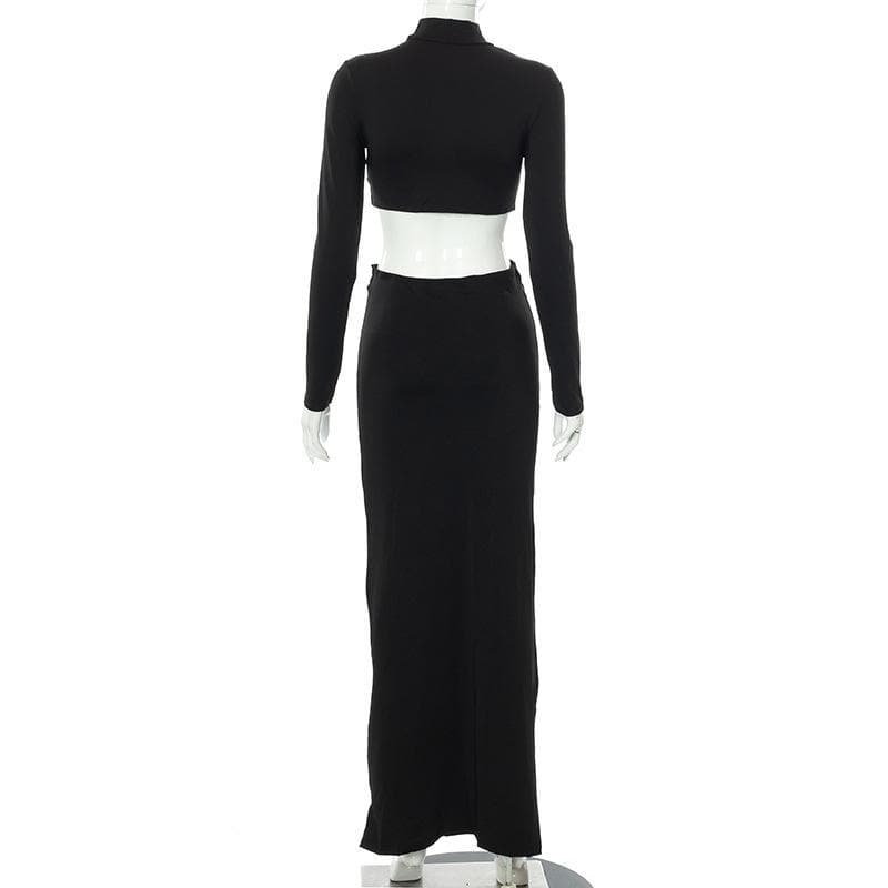 BerryBetty - High neck long sleeve ruched solid maxi skirt set