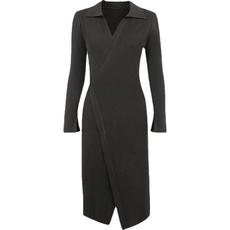 BerryBetty - Ribbed solid long sleeve turnover collar slit v neck midi dress