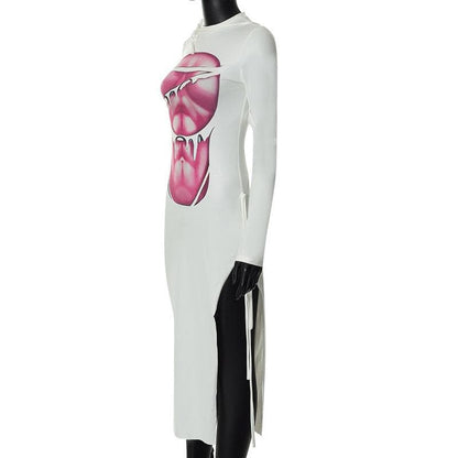 BerryBetty - Long sleeve contrast abstract print slit midi dress