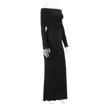 BerryBetty - Ruched solid long sleeve off shoulder ruffle maxi dress