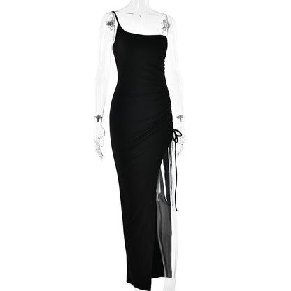 BerryBetty - One shoulder irregular self tie solid slit ruched maxi dress