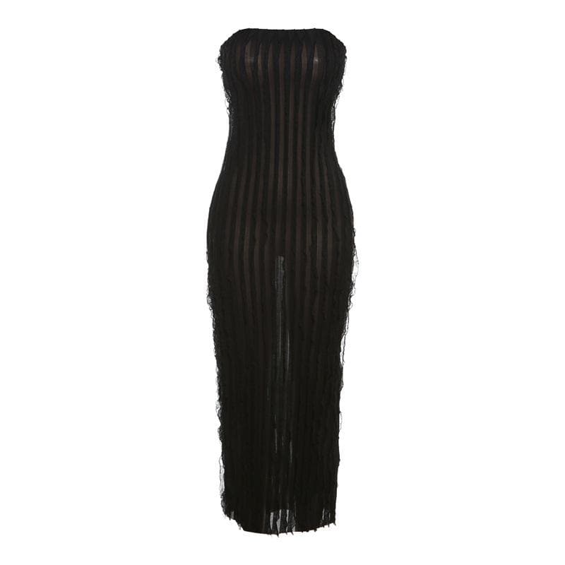 BerryBetty - Backless ruffle solid textured tube maxi dress