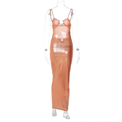 BerryBetty - Hollow out metallic ruched backless metal applique cami maxi dress