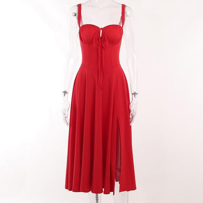 BerryBetty - Ruched solid sweetheart neck slit sleeveless midi dress