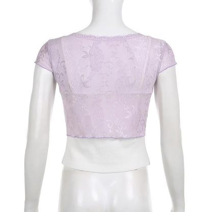 BerryBetty - Lace contrast patchwork cap sleeve ruffle crop top