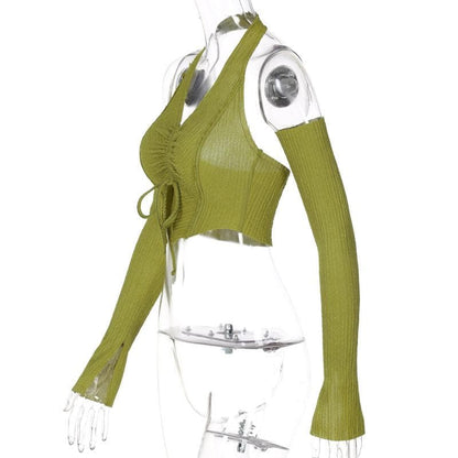 BerryBetty - Drawstring textured solid halter gloves backless crop top