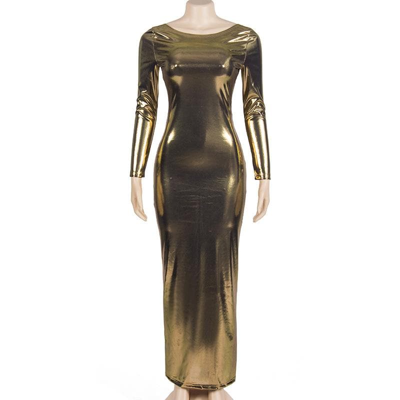 BerryBetty - Metallic long sleeve backless round neck ruched maxi dress