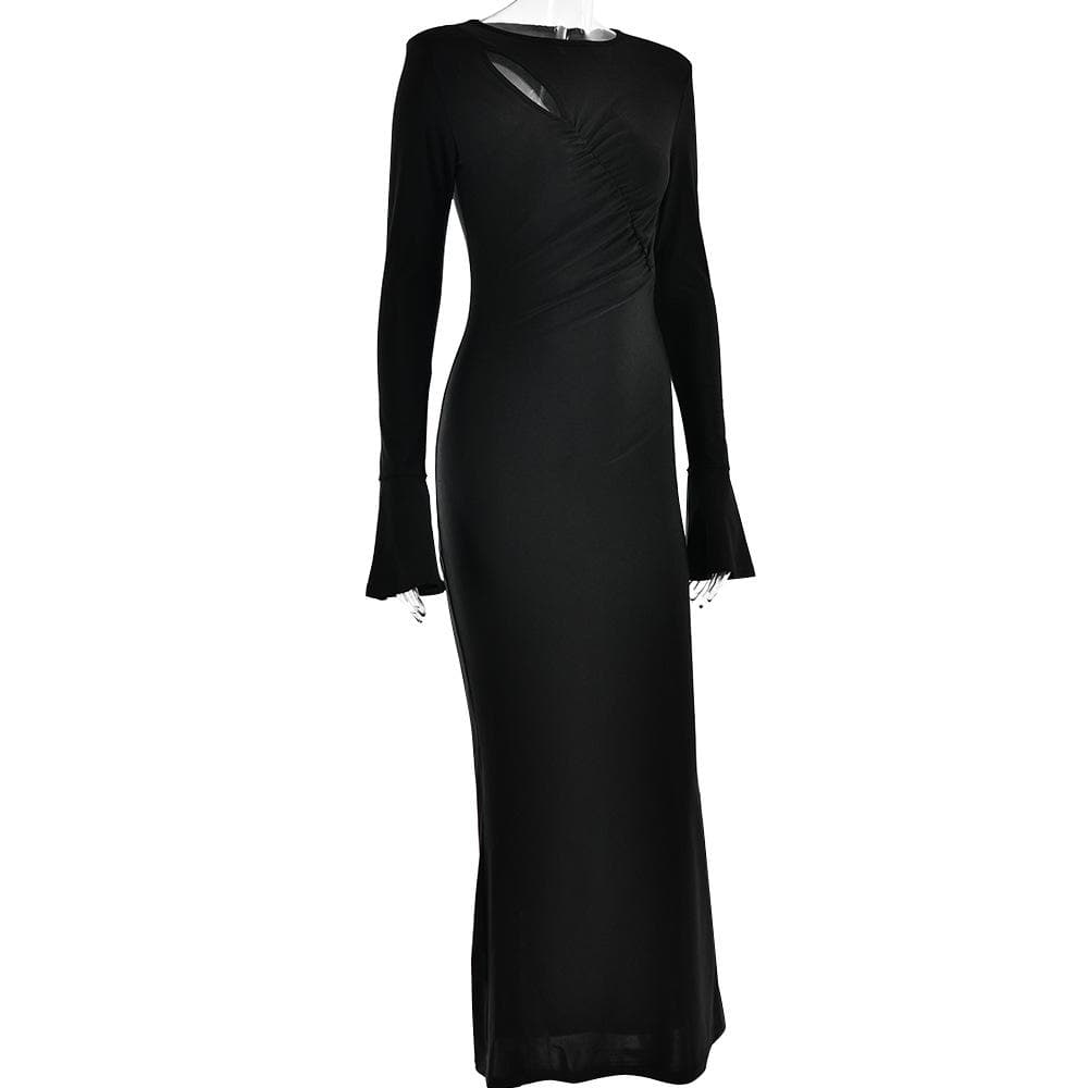 BerryBetty - Ruched solid hollow out irregular long sleeve maxi dress