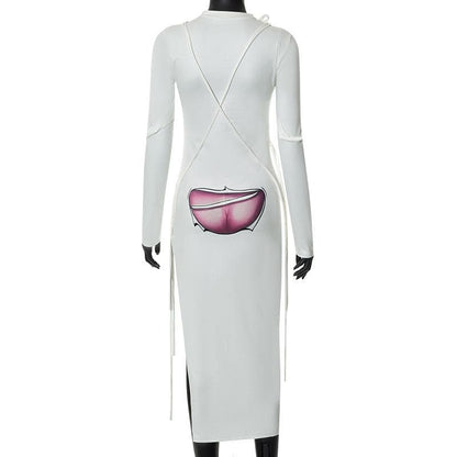 BerryBetty - Long sleeve contrast abstract print slit midi dress