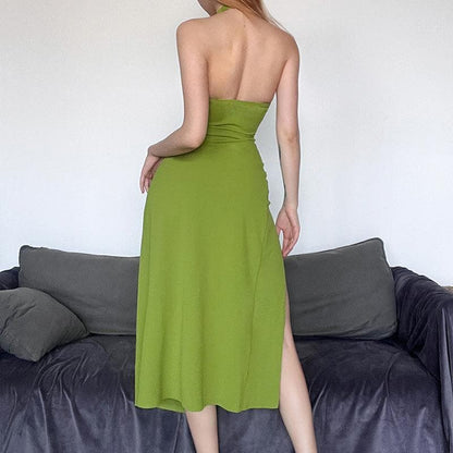 BerryBetty - Ruched v neck knotted halter solid slit backless midi dress