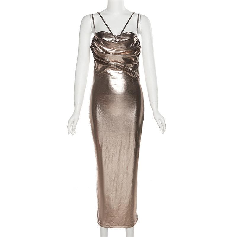 BerryBetty - Metallic ruched backless patchwork solid midi dress