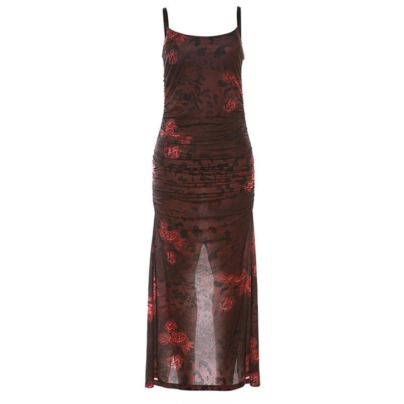 BerryBetty - Flower print u neck contrast ruched slit backless cami maxi dress