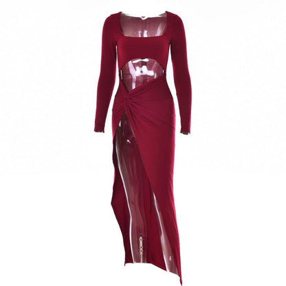 BerryBetty - Long sleeve solid hollow out ruched slit knotted midi dress