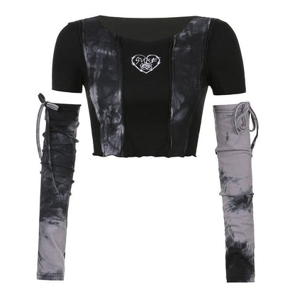 BerryBetty - Contrast tie dye gloves ruffle drawstring short sleeve crop top