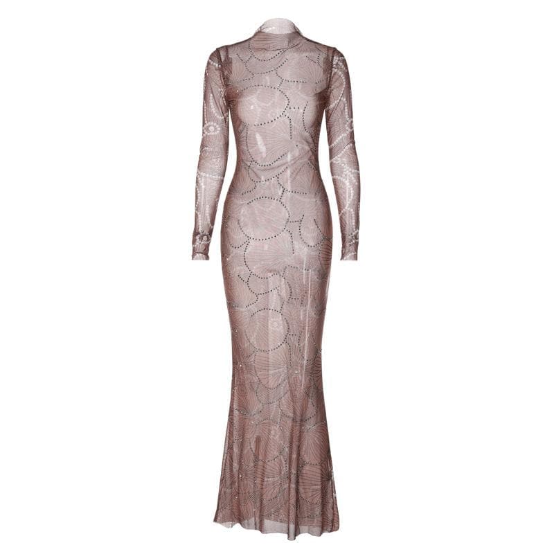 BerryBetty - Sheer mesh see through high neck long sleeve beaded maxi dress