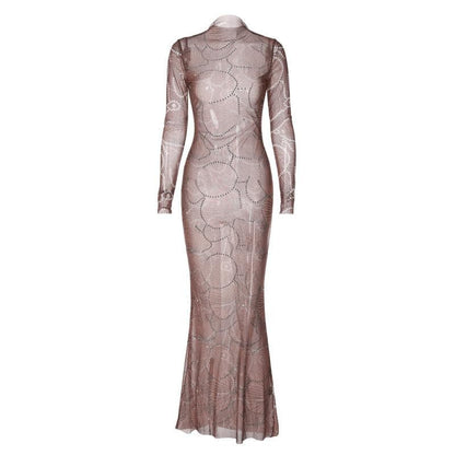 BerryBetty - Sheer mesh see through high neck long sleeve beaded maxi dress