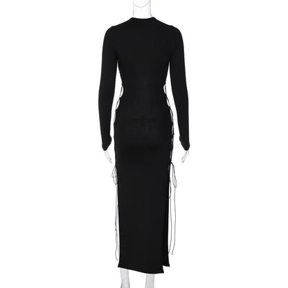 BerryBetty - Long sleeve solid hollow out slit self tie lace up midi dress