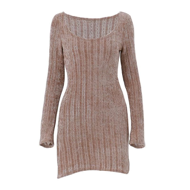 BerryBetty - Long sleeve solid fluffy off shoulder hollow out mini dress