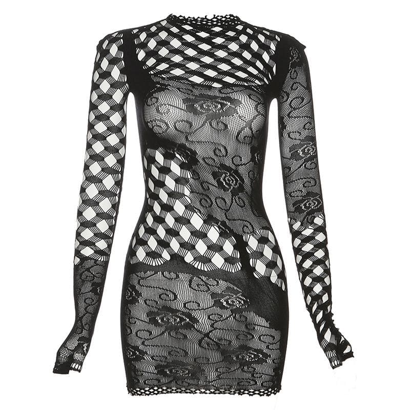 BerryBetty - Fishnet long sleeve hollow out see through irregular mini dress