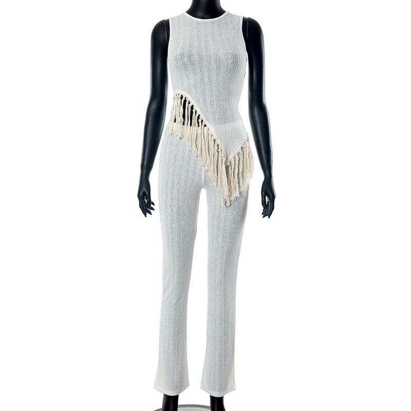 BerryBetty - Irregular sleeveless textured crewneck tassels solid pant set