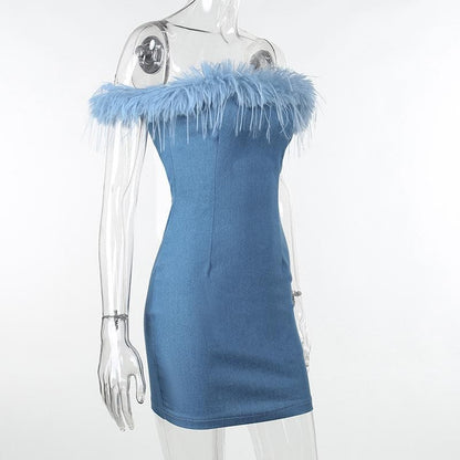 BerryBetty - Feather off shoulder solid backless zip-up denim mini dress