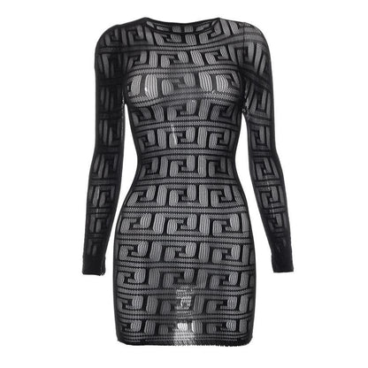 BerryBetty - Fishnet see through long sleeve hollow out mini dress