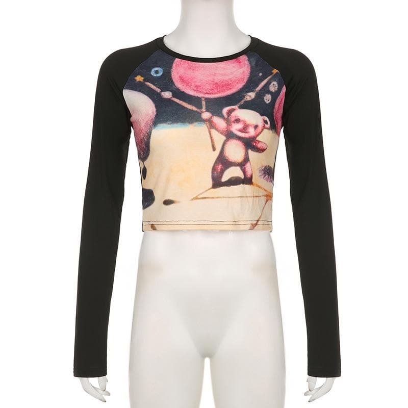 BerryBetty - Contrast long sleeve bear pattern crewneck crop top - Final Sale