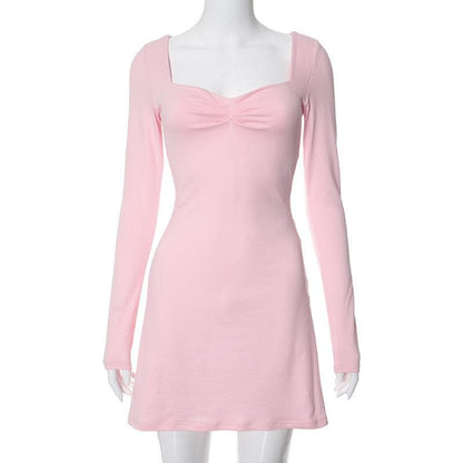 BerryBetty - Square neck solid ruched long sleeve mini dress