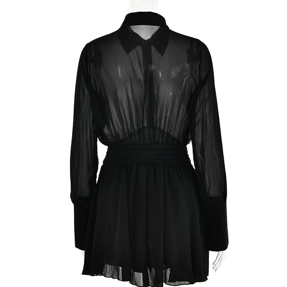 BerryBetty - Turnover collar button long sleeve ruched zip-up chiffon mini dress