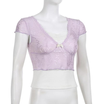 BerryBetty - Lace contrast patchwork cap sleeve ruffle crop top