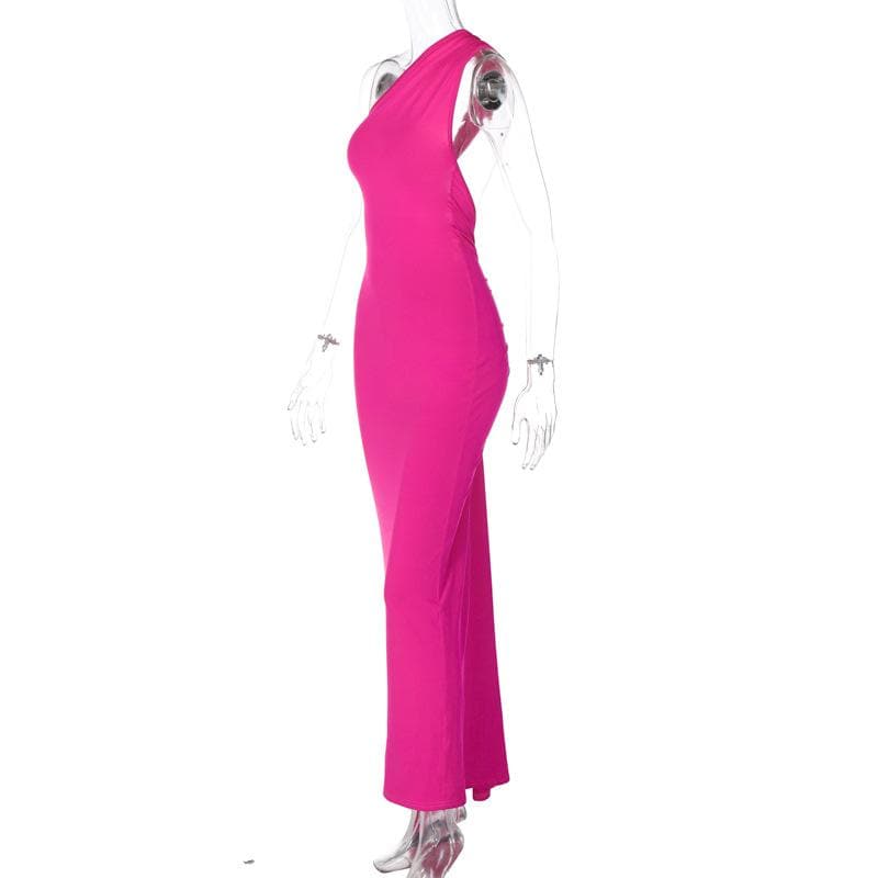 BerryBetty - Ruched contrast backless one shoulder ribbon 2-way maxi dress