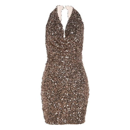 BerryBetty - Glitter halter cowl neck ruched self tie backless mini dress