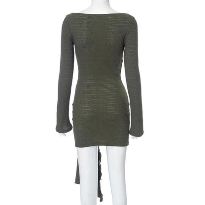 BerryBetty - Textured o ring hollow out long sleeve self tie mini dress