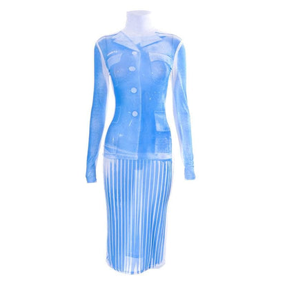 BerryBetty - Sheer mesh see through turtle neck long sleeve contrast print midi dress