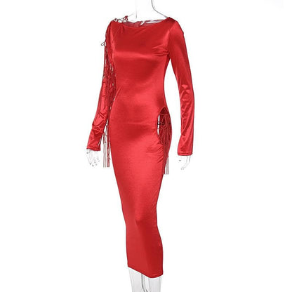 BerryBetty - Long sleeve solid satin hollow out self tie crewneck midi dress