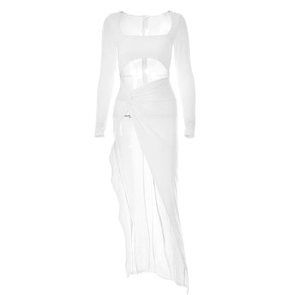 BerryBetty - Long sleeve solid hollow out ruched slit knotted midi dress