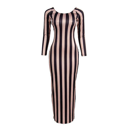 BerryBetty - Striped print backless long sleeve contrast round neck maxi dress