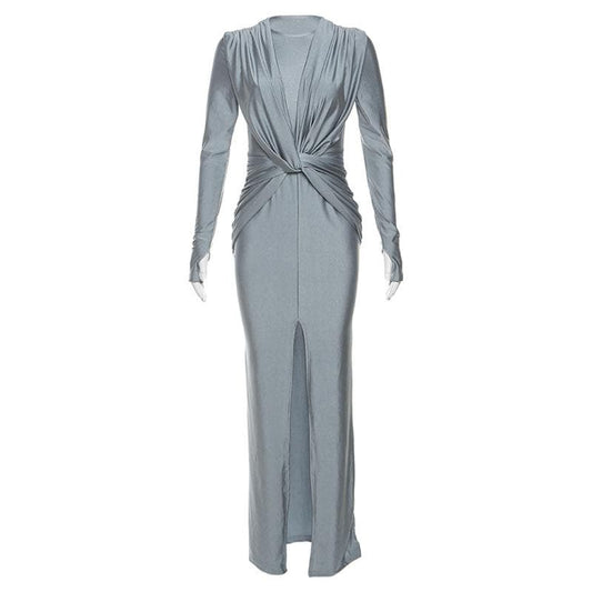 BerryBetty - Knotted slit solid long sleeve ruched maxi dress