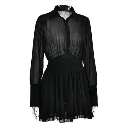 BerryBetty - Turnover collar button long sleeve ruched zip-up chiffon mini dress