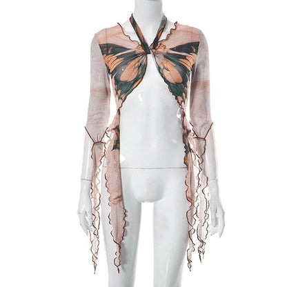 BerryBetty - Butterfly print sheer mesh see through long sleeve ruffle self tie crop top