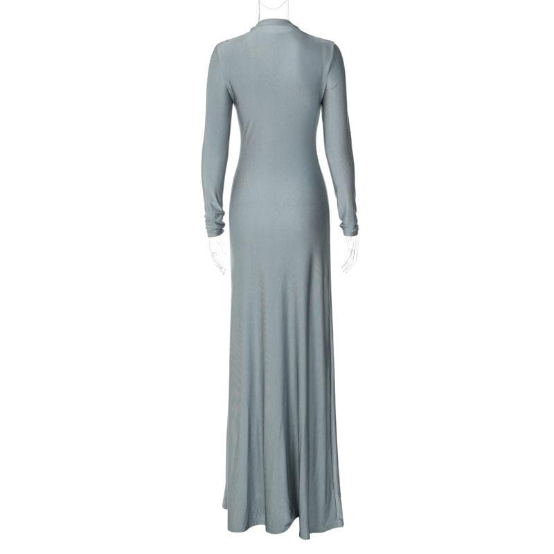 BerryBetty - High neck long sleeve zip-up solid maxi dress