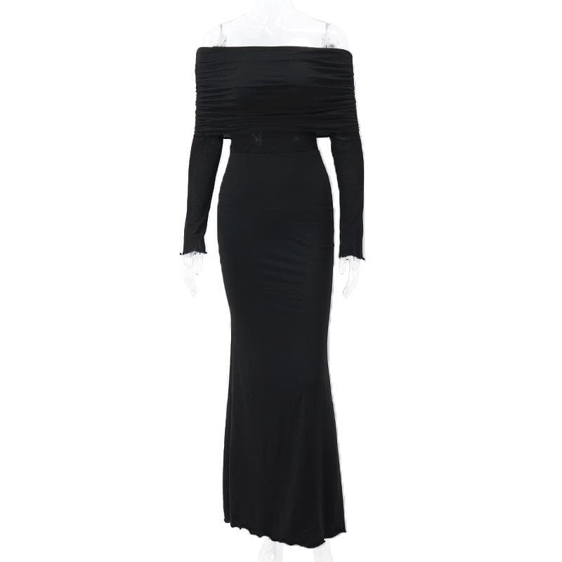 BerryBetty - Ruched solid long sleeve off shoulder ruffle maxi dress