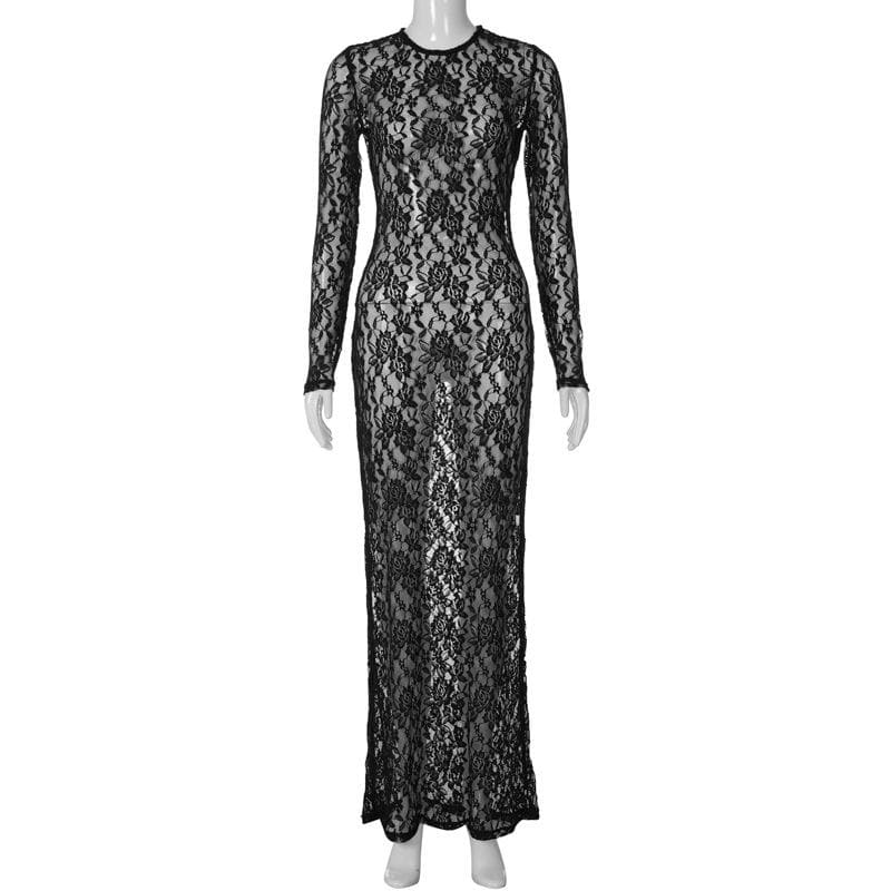 BerryBetty - Lace see through long sleeve solid crewneck maxi dress