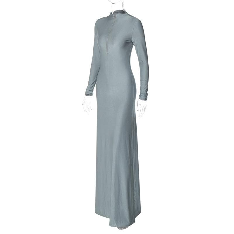 BerryBetty - High neck long sleeve zip-up solid maxi dress