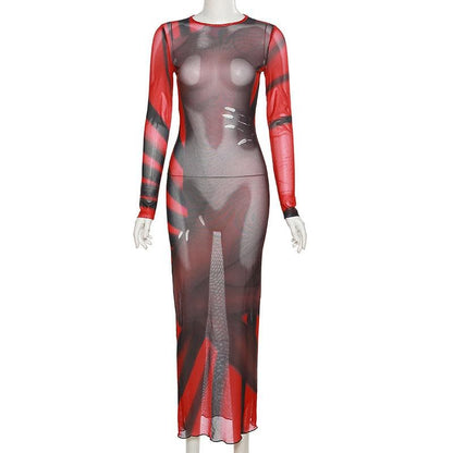BerryBetty - Long sleeve contrast sheer mesh see through midi dress